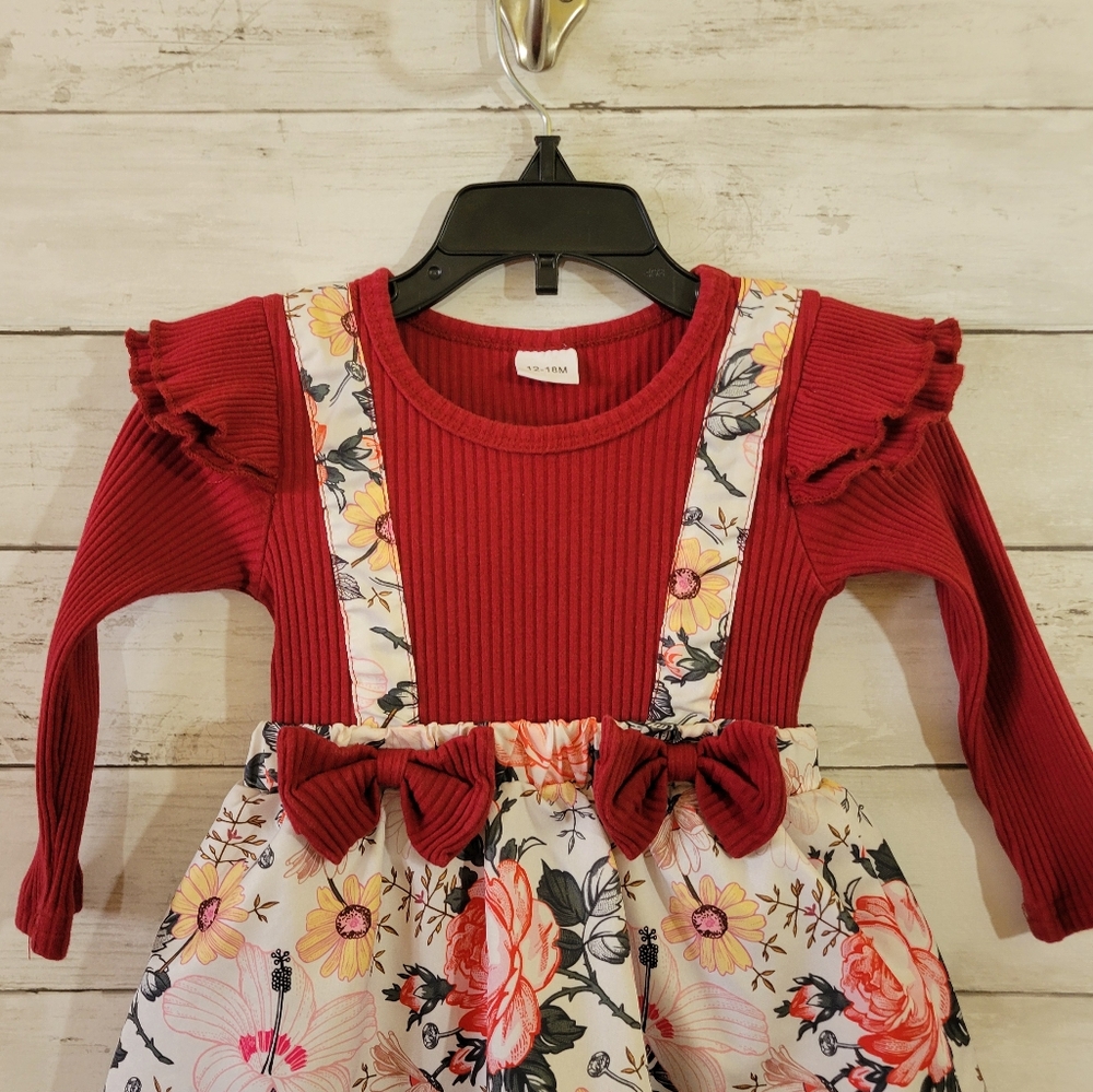 Red Floral Suspender One Piece Long Sleeve Dress for Kids Size 12-18 M - Picture 2 of 9